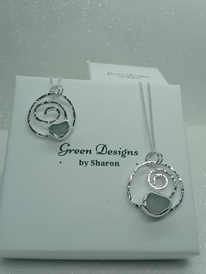 Scottish Sea Glass Sterling Silver Hammered Swirl Necklace Seafoam Etsy