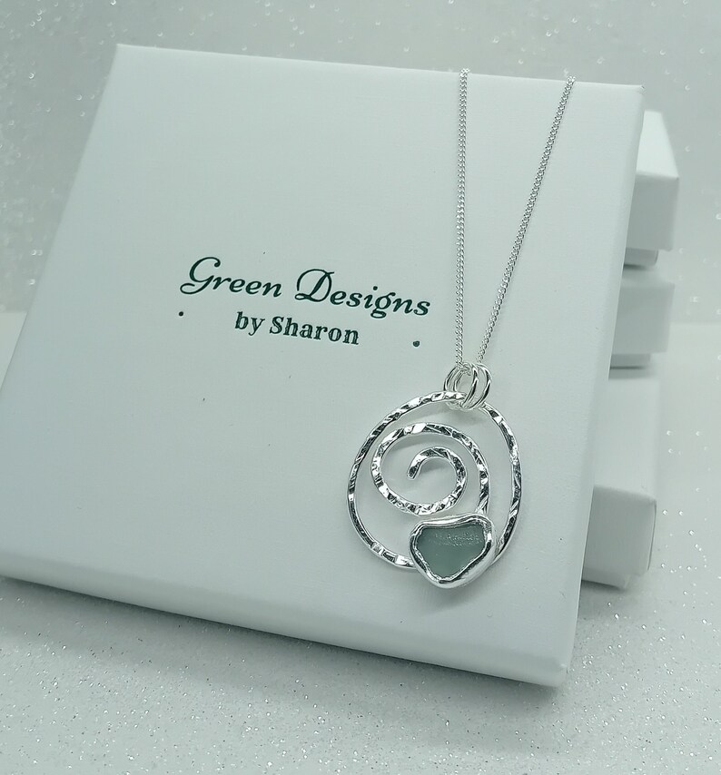Scottish Sea Glass Sterling Silver Hammered Swirl Necklace Seafoam Etsy