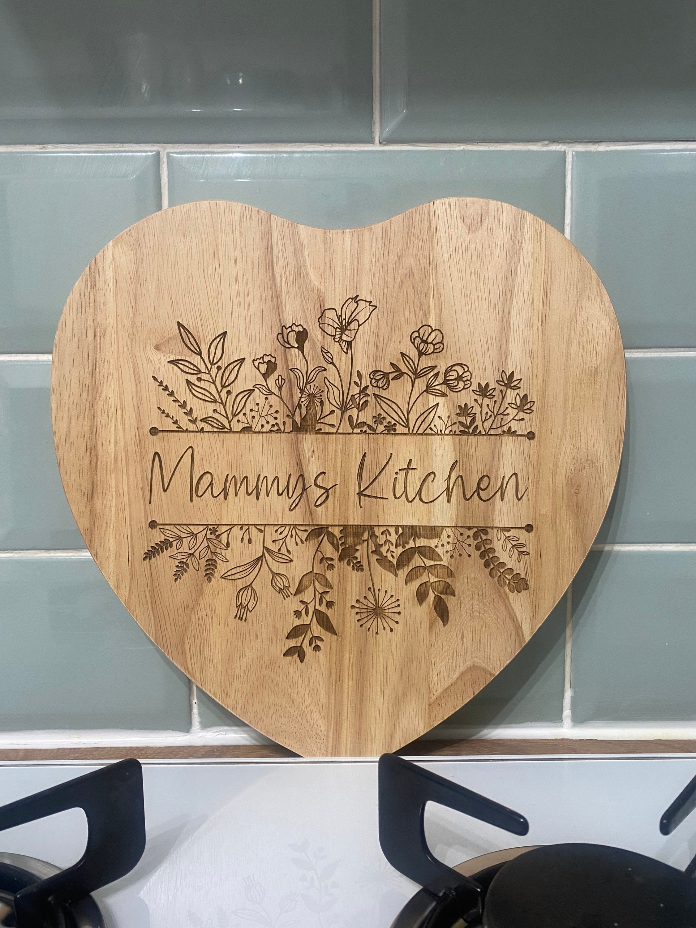 Personalised Heart Bamboo Chopping Board, Floral Engraved Design
