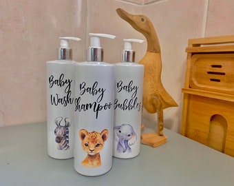 White animal pump bottles, 500ml pump bottles, lion elephant and zebra themed, Hinch style pump bottles, baby gift, baby bathroom.