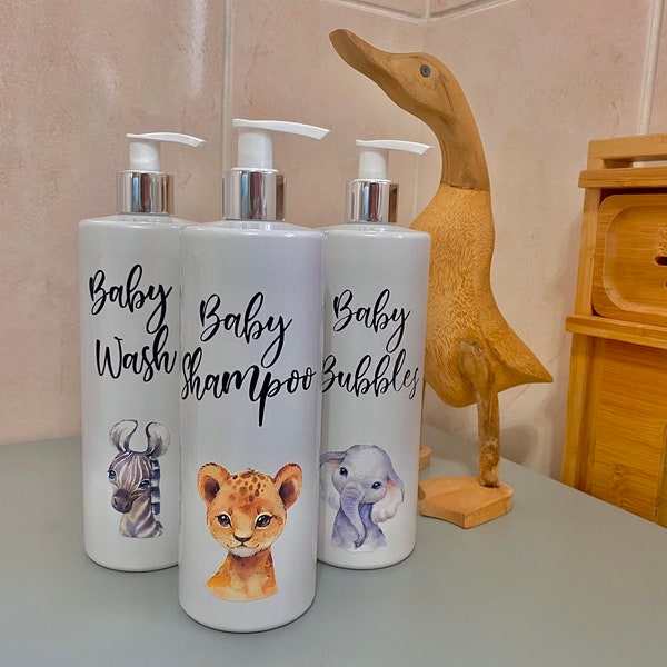 White animal pump bottles, 500ml pump bottles, lion elephant and zebra themed, Hinch style pump bottles, baby gift, baby bathroom.