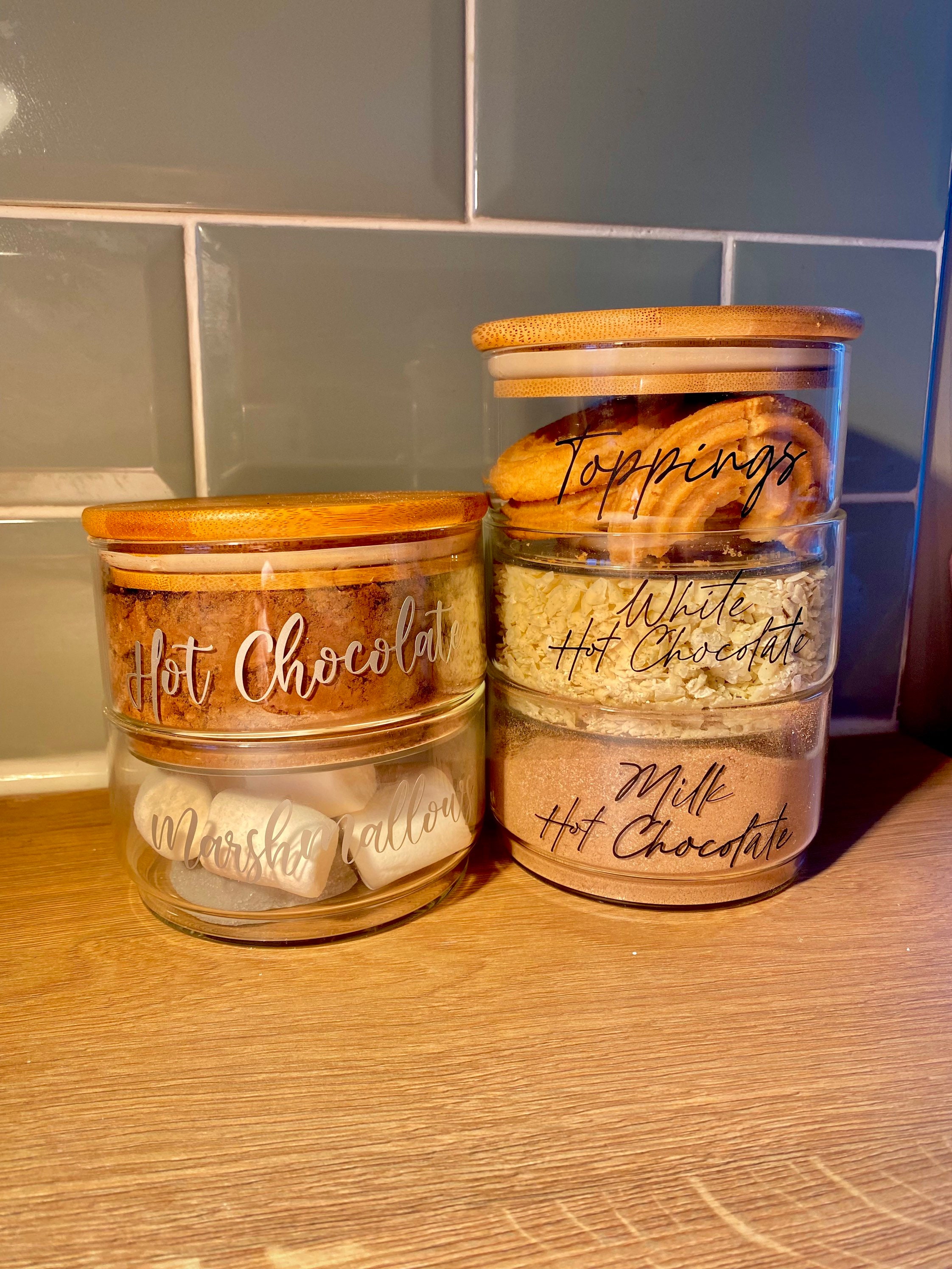 Personalised hot chocolate station, hot chocolate tower, Christmas drinks, Christmas gift, bamboo & glass storage, hot drinks station