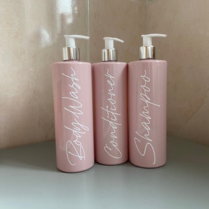 Frascos com bomba de banheiro rosa de 500 ml, frascos com bomba inspirados em Hinch, xampu, sabonete líquido, condicionador, loção corporal, presente para casa nova