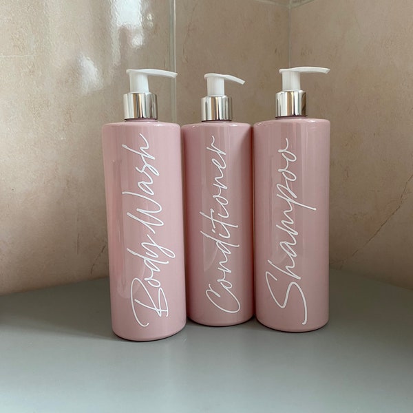 500ml pink bathroom pump bottles, hinch inspired pump bottles, shampoo, Body Wash, Conditioner, Body Lotion, New Home Gift