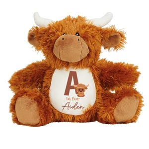 Personalised A-Z Highland Cow Initial Plushie | Name Toy Cute Newborn Gift Birth Baby Shower Announcement Expecting 1st Birthday Boy Girl