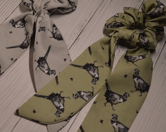 Pheasant Scrunchie // pheasant gifts, pheasant hairband, handmade, giant scrunchie, scrunchie with tails, shooting gift, game bird