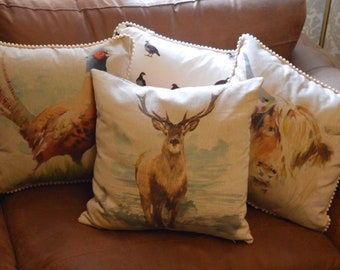 Country Cushions // farmhouse pillows, farming gift, highland cow, stag, sausage dog, cotton linen, country house accessories, teckel