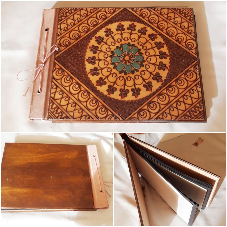 Vintage 80s Plywood Cover Photo Album,Hand Carved Floral Cover Photo Album,Rustic Home Decor,Vintage Gift