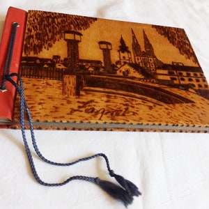 Álbum de fotos de portada de madera contrachapada vintage de los años 80, álbum de fotos de portada de Zagreb tallado a mano, decoración rústica del hogar, regalo vintage