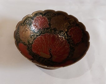 Vintage 70s Brass Small Bowl,Floral Peacock Embossed Bowl,Red Green Painted Bowl,Candy or Jewelry Bowl,Vintage Decor or Gift