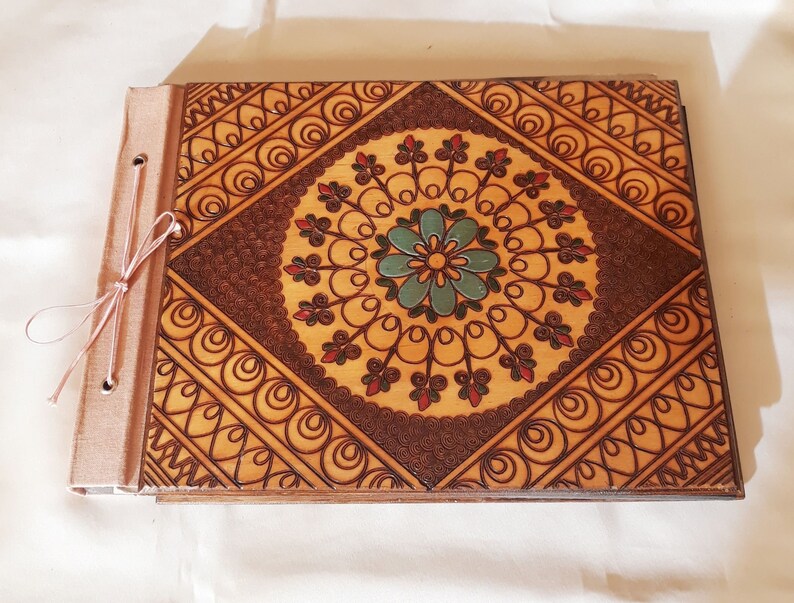 Vintage 80s Plywood Cover Photo Album,Hand Carved Floral Cover Photo Album,Rustic Home Decor,Vintage Gift