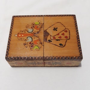 Vintage jaren 70 handgemaakte houten speelkaarten doos, vintage cadeau