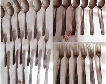 Vintage 50s Cutlery Set for Six People,Stainless with Embossed Gray Silver Tone Floral Pattern Set,Farmhouse Cutlery Set