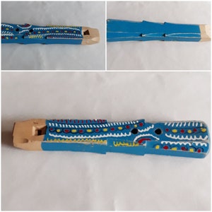 Wooden Vintage 70s Hand Carved Light Blue with Colorful Hand Painted Ethno Whistle,Folk Art Children Toy