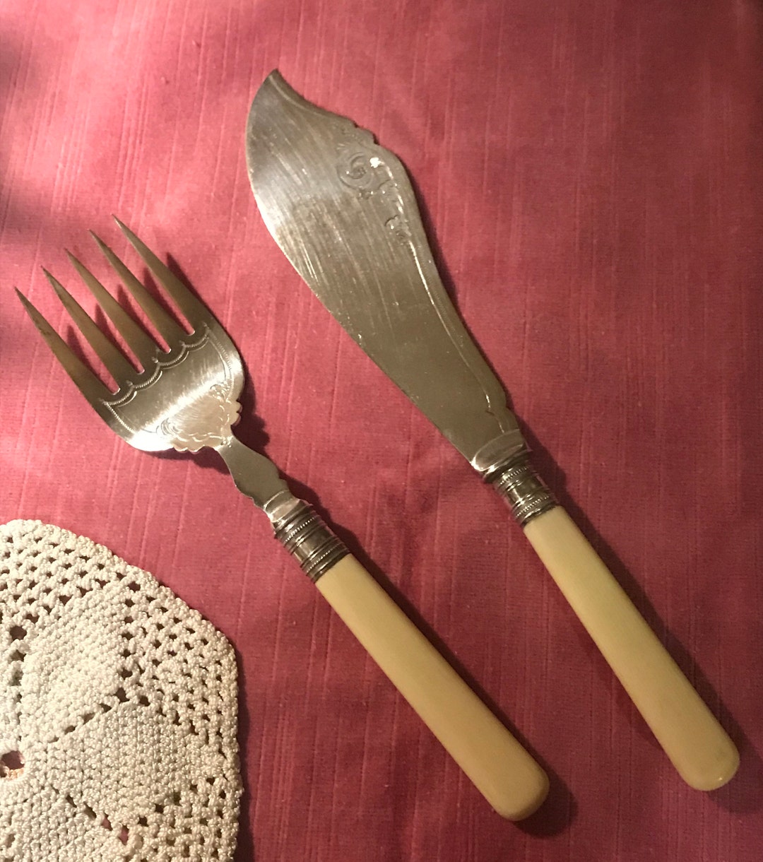 Antique Fish Servers, Fish Serving Knife and Fork, Silver Plated Knife