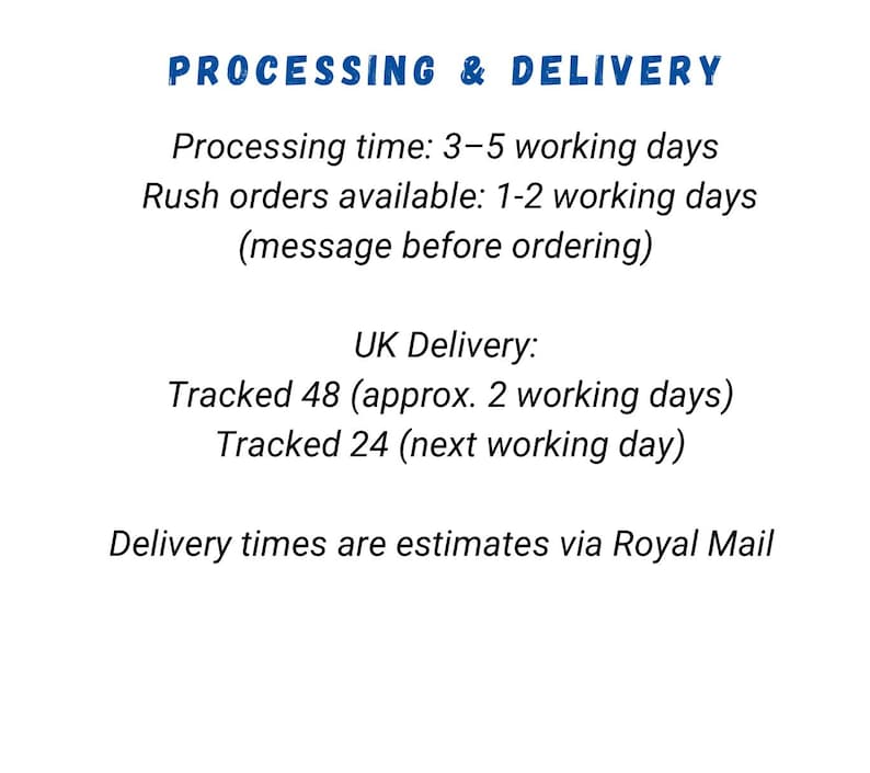 May include: Text on a white background reads "PROCESSING & DELIVERY". It details processing times of 3-5 working days, with rush orders available in 1-2 days. UK delivery options include Tracked 48 (approx. 2 working days) and Tracked 24 (next working day).
