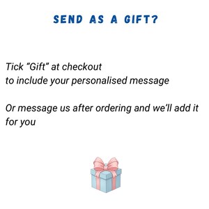 May include: White background with the text "SEND AS A GIFT?" in blue. Instructions are provided on how to include a personalized message with a gift. A light blue gift box with a pink bow is at the bottom.