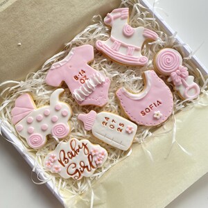 May include: A box of decorated baby-themed cookies. The cookies are in the shape of a baby carriage, bib, baby bottle, onesie, rocking horse, and a lollipop. The cookies are pink and white with floral accents and the words "Baby Girl".