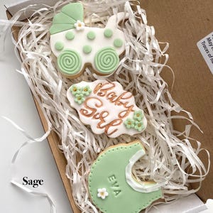 May include: A box of decorated sugar cookies, including a baby carriage, a plaque with "Baby Girl" in gold lettering, and a bib with the name "EVA". The cookies are white and sage green, with floral accents.