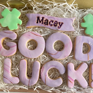 Puede incluir: Una caja de regalo llena de galletas marmoleadas de color p&uacute;rpura y dorado que deletrean "GOOD LUCK" con una galleta de tr&eacute;bol verde y una galleta de pancarta que dice "Macey".