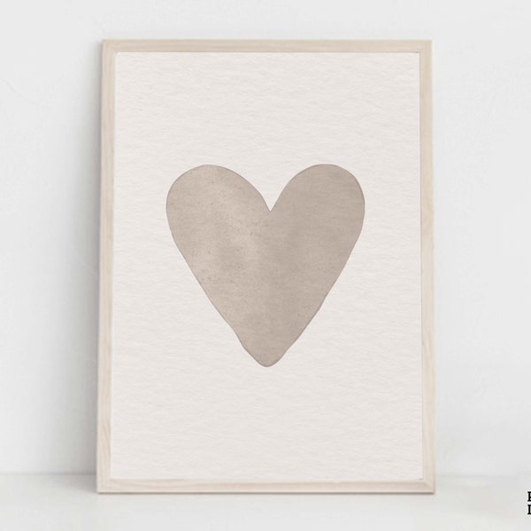 Boho Heart Nursery Print, Acuarela Gris Corazón Arte de pared, Decoración de la sala de juegos para niños pequeños, Tonos neutros Arte para bebés, Boho Valentine Regalo romántico