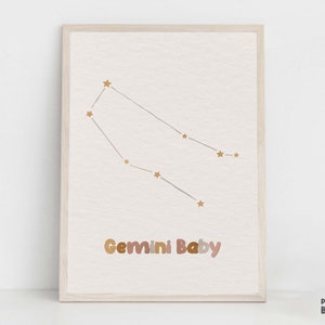 Boho Zodiac Nursery Print, Gemini Baby Stars Constellation Printable Wall Art, Zodiac Horoscope Astrology Poster, Unique Baby Shower Gift