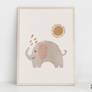Bebé elefante Boho vivero impresión, lindo arte de la pared animal, arte boho para la decoración de la sala de juegos, obras de arte modernas de mediados de siglo, dormitorio de los niños DIY