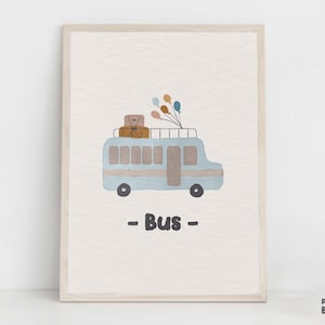 Bus Nursery Print, Methods Of Transportation Educational Print, Gender Neutral Boho Printable Wall Art, Playroom Wall Decor, Boys Room Decor