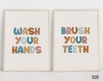 Kids Bathroom Print Set Of 2, Wash Your Hands Poster, Brush Your Teeth Printable Wall Art, Children Bathroom Decor, Boho Toddler Digital Art