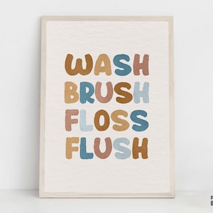 Kids Bathroom Art Print, Wash Brush Floss Flush Sign, Gender Neutral Nursery Artwork, Baby bathroom Decor, Kids Hygiene Printable Wall Art