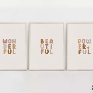 Boho Nursery Print Set Of 3, WONDERFUL BEAUTIFUL POWERFUL, Gender Neutral Kids Printable Quote, Earth Tones Terracotta Baby Room Wall Art