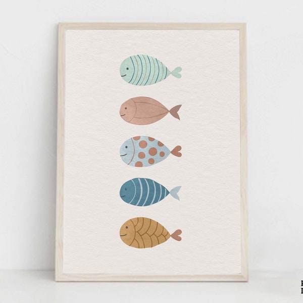 Fish Nursery Print, Sea Animals Printable Wall Art, Nautical Kids Playroom Decor, Gender Neutral Nursery Digital Artwork, Sea Animal Poster