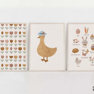 Set of 3 Boho Easter Nursery Prints, Tulip Flowers Art, Duck in Hat with Flowers, Easter Items Educational Poster, Spring Printable Wall Art