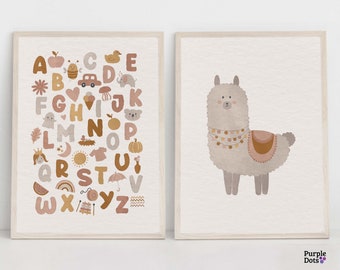 Boho Nursery Print Set Of 2, Baby Llama Printable Wall Art, Alphabet Kids Room Artwork, Gender Neutral Classroom Decoration, Above Crib Art