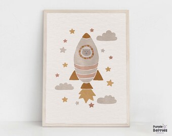 Boho Nursery Print, Cat in Space Rocket wall Art, Gender Neutral Animal Nursery Artwork, Space Nursery Decor, Clouds And Stars Playroom Art