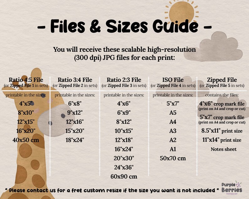 May include: A chart with a giraffe illustration shows different file sizes and ratios for printable digital downloads. The chart includes sizes in inches and centimeters. The text says "Files & Sizes Guide" and "You will receive these scalable high-resolution (300 dpi) JPG files for each print".