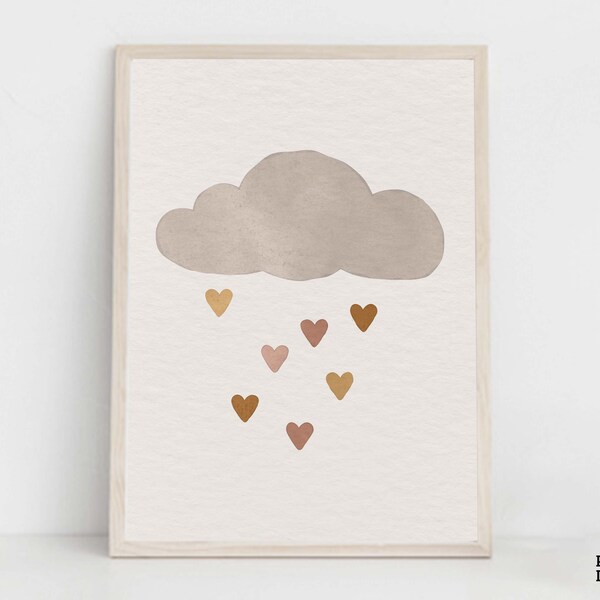 Hearts Rainy Cloud Boho Nursery Poster, Cloud And Hearts Printable Wall Art, Cute Nursery Decor, Gender Neutral Digital Print Baby Gift Idea