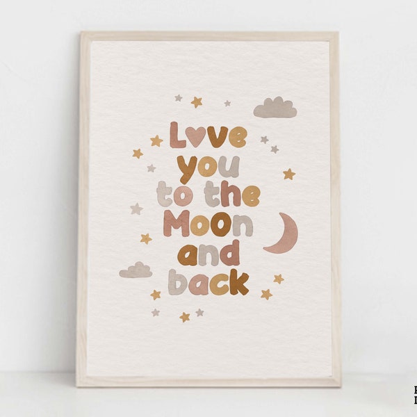 Boho Nursery Print, Love You To The Moon And Back Nursery Quote, Celestial Moon Clouds Stars Heart Poster, Gender Neutral Nursery Artwork