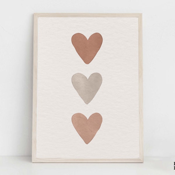 Boho Hearts Nursery Artwork, Watercolor Minimal Heart Wall Art, Toddler Playroom Decoration, Neutral Tones Art, Boho Valentine Romantic Gift