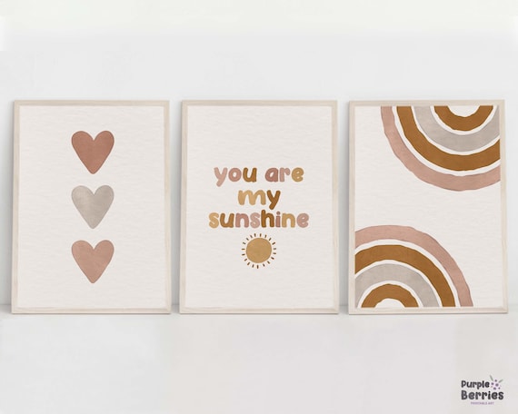 Boho Nursery Print Set Of 3, You Are My Sunshine Quote, Hearts And Rainbows Artwork, Gender Neutral Kids Printable Wall Art, Baby Shower Art