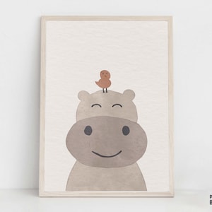 Hipopótamo y pájaro Boho vivero impresión, lindo arte de la pared animal, Safari Zoo Jungle niños decoración lúdica, arte boho moderno dormitorio de los niños