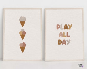 Boho Nursery Print Set Of 2, Ice Cream Cones Wall Art, Play All Day Playroom Kids Artwork, Gender Neutral Toddler Gift Ideas, Above Crib Art