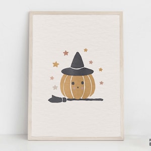 Boho Halloween Nursery Print, Cute Witch Pumpkin On Broomstick Printable Wall Art, Thanksgiving Fall Artwork, Holidays Children Playroom Art image 1