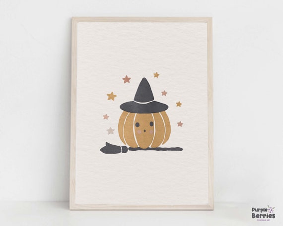 Boho Halloween Nursery Print, Cute Witch Pumpkin On Broomstick Printable Wall Art, Thanksgiving Fall Artwork, Holidays Children Playroom Art