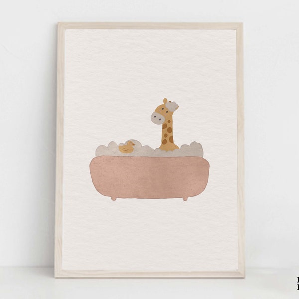 Bathroom Boho Nursery Print, Giraffe Taking A Bath Wall Art, Gender Neutral Nursery Artwork, Toddler Playroom Decoration Neutral Tones Art