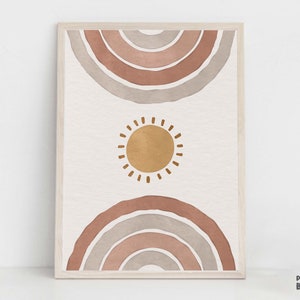 Boho Sun And Rainbows Print, Gender Neutral Nursery Printable Wall Art, Abstract Rainbow Artwork, Minimalist Boho Sun Poster, Playroom Decor