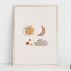 Celestial Boho Nursery Print, Sun Moon Stars Cloud Printable Wall Art, Gender Neutral Nursery Artwork, Abstract Minimalist Kids Boho Poster