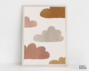 Clouds Boho Printable Wall Art, Gender Neutral Nursery Print, Abstract Cloud Sky Artwork, Minimalist Boho Sun Poster, Playroom Sky Decor
