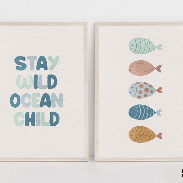 Nautical Nursery Print Set Of 2, Boho Fish Printable Wall Art, Stay Wild Ocean Child Quote, Kids Room Blue Artwork, Baby Nautical Playroom