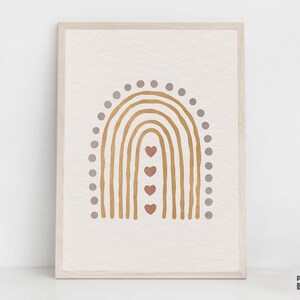 May include: A framed print of a rainbow with a dotted border and five small hearts in the center. The rainbow is in shades of brown and gold, and the hearts are in shades of pink and red.